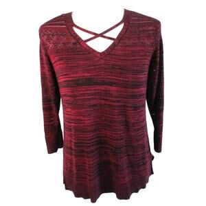 Christopher & Banks Women's 3/4 Sleeve Burgundy & Black Knit Sweater Size Medium
